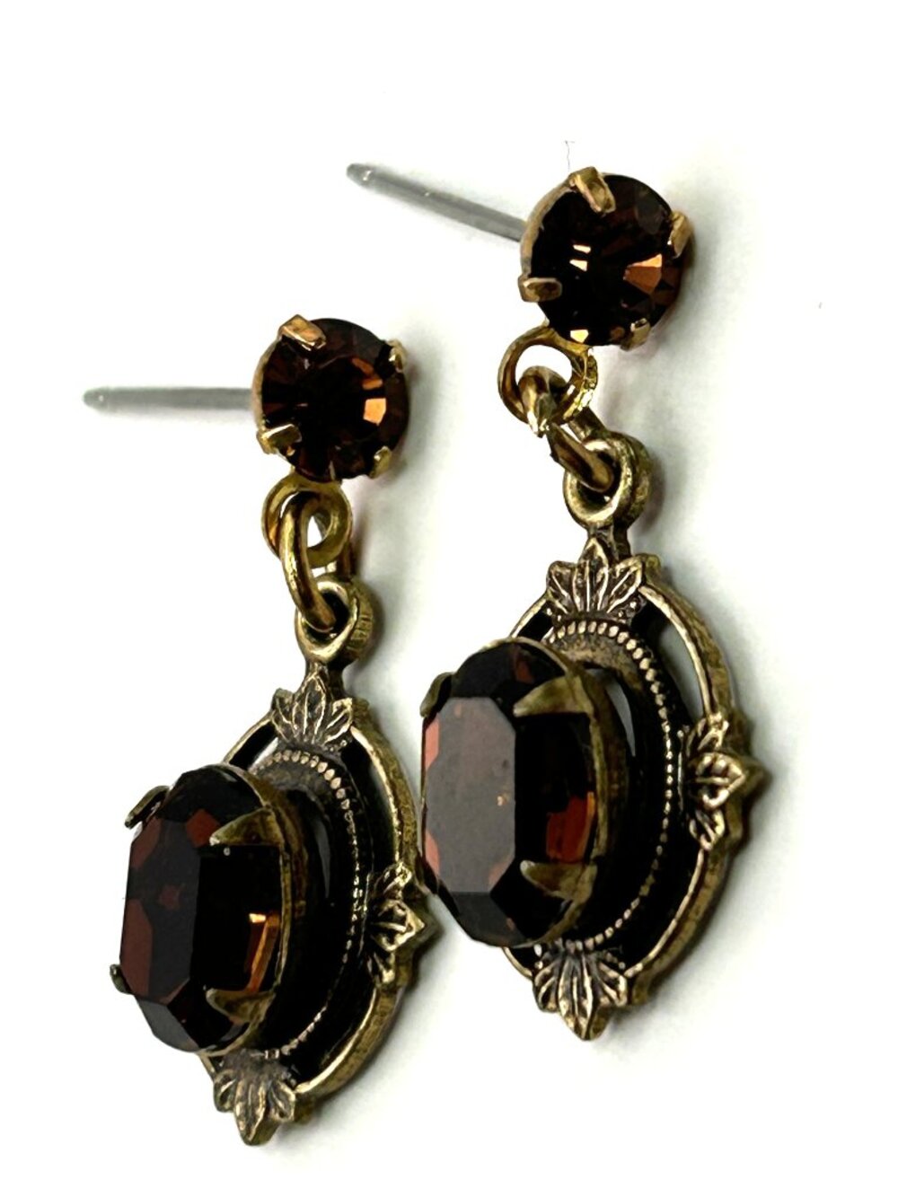 Sadie Green Victorian Revival Amber Brown Crystal Dangle Earrings